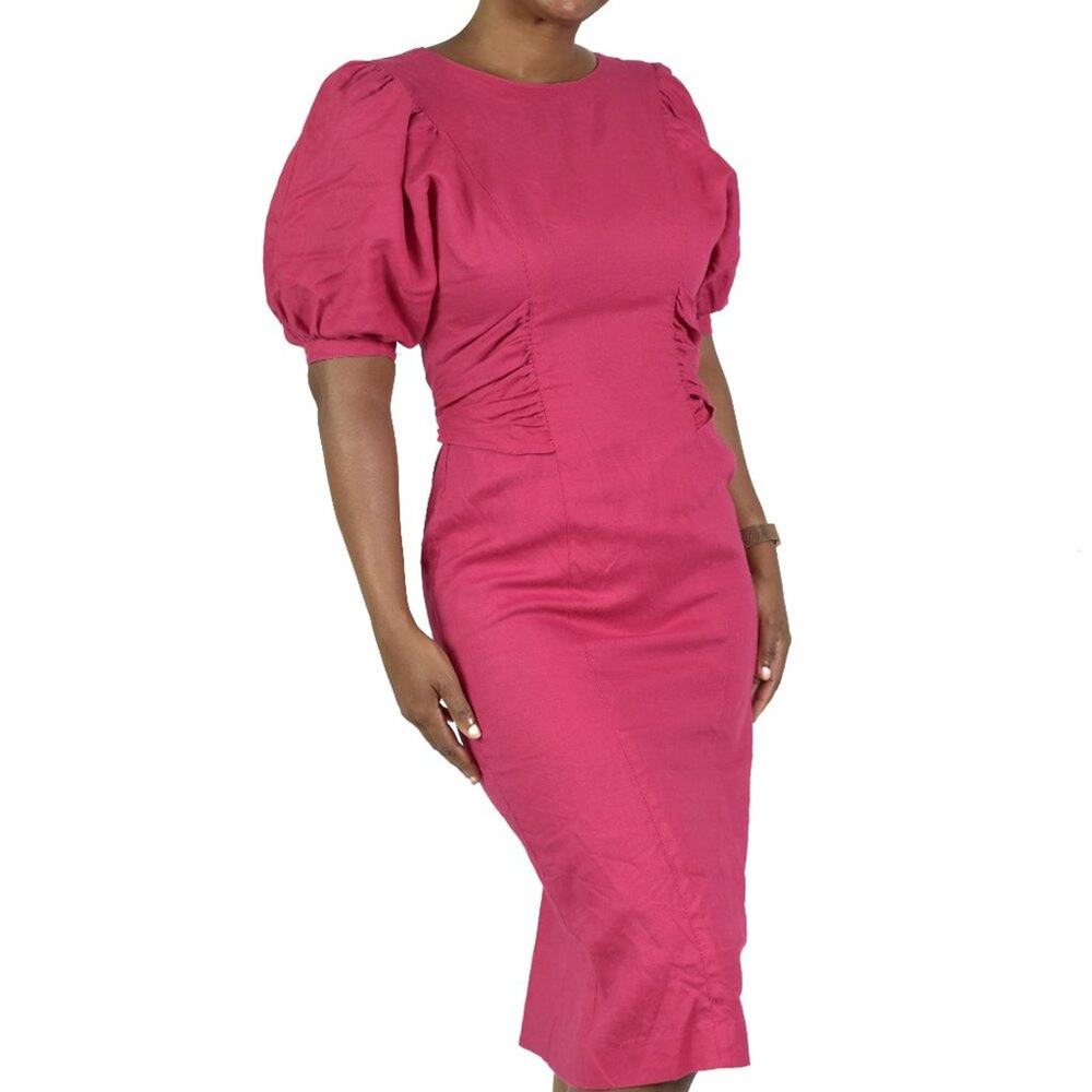 Vintage Ciro Pink Linen Dress Puff Sleeve Back Buttons Architectural 90s XS 2 - Picture 15 of 15